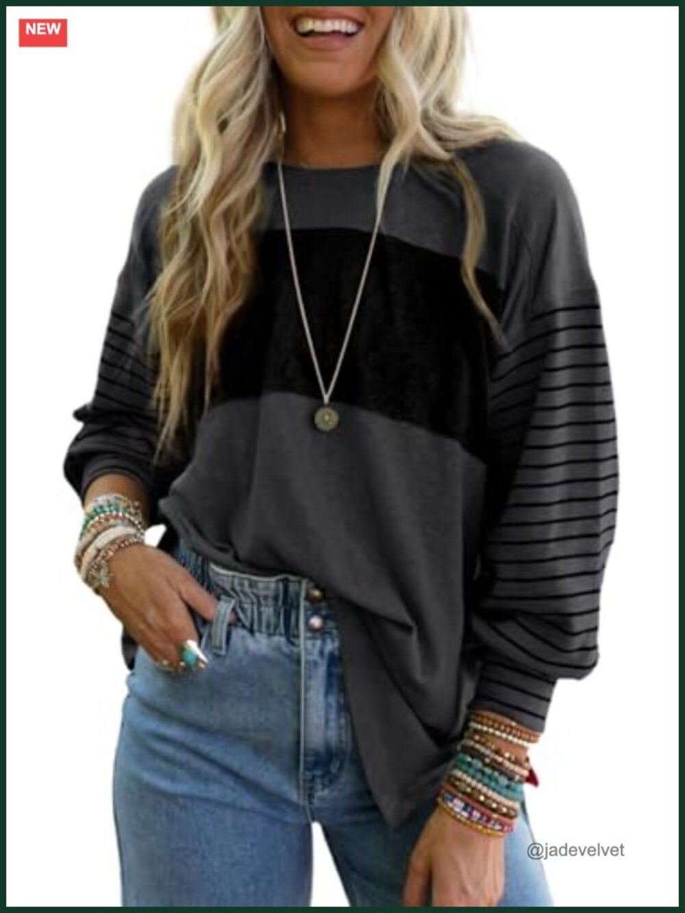 Long Sleeve Color Block Oversized Tunic Blouse Soft Stretchy Casual